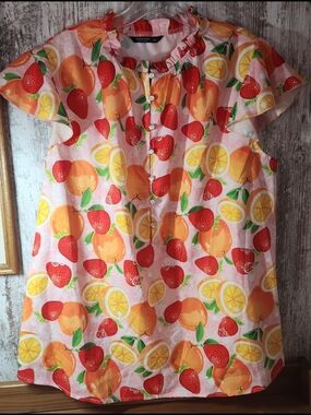 SHEIN Pink Fruit-Print Button Front Blouse 1XL Strawberry Lemon Orange Heart